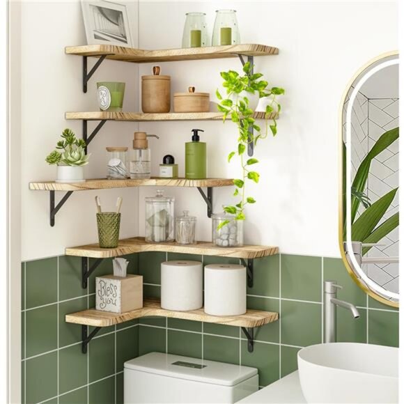 Floating Shelves for Wall, Rustic Wood Wall Mounted Corner Shelf for Bathroom - Picture 6 of 7